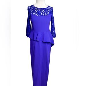 Teri Jon Rickie Freeman for Teri Jon 3/4-Sleeve Peplum Gown blue purple